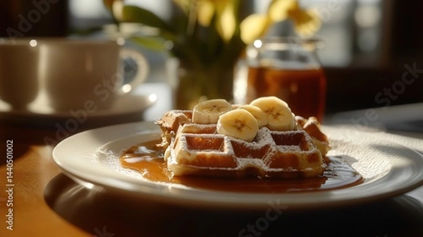 Obraz tea time moment with waffles served on a white plate, topped with sliced bananas and caramel sauce