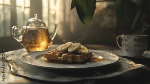 Obraz tea time moment with waffles served on a white plate, topped with sliced bananas and caramel sauce