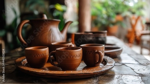 Obraz Mexican clay coffee cups, arranged neatly with a pot of coffee, creating a warm and inviting setting perfect for gatherings