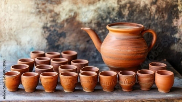 Obraz Mexican clay coffee cups, arranged neatly with a pot of coffee, creating a warm and inviting setting perfect for gatherings