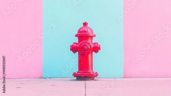 Obraz shiny red fire hydrant surrounded by a smooth pastel background in hues of blue and pink, creating a balanced and aesthetically pleasing contrast