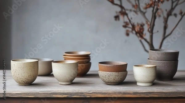 Fototapeta clay cups and bowls on a wooden table, each piece with its own distinct design and earthy tone, creating a rustic and authentic aesthetic