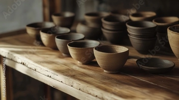 Obraz clay cups and bowls on a wooden table, each piece with its own distinct design and earthy tone, creating a rustic and authentic aesthetic