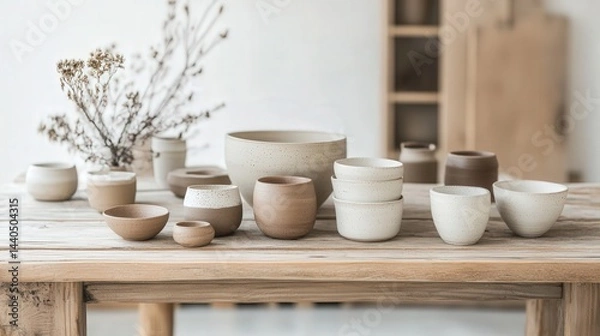 Obraz clay cups and bowls on a wooden table, each piece with its own distinct design and earthy tone, creating a rustic and authentic aesthetic