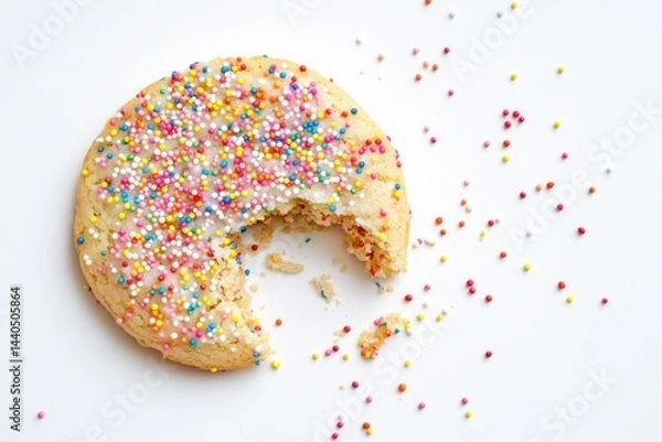 Fototapeta Soft sugar cookie with rainbow sprinkles and a large bite on white background with crumbs