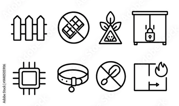 Fototapeta Home security and safety outline icons set – linear style for protection, prevention, and emergency: fence, burglar alarm, poison alert, locked cabinet, microchip, dog collar, no access, fire exit.
