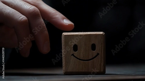 Obraz A man's hand moving a wooden block featuring a smiling face next to a sad face, representing the duality of emotions in a business context on a dark backdrop