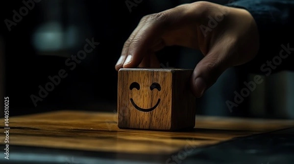 Obraz A man's hand moving a wooden block with a smiling face away from a sad face, representing the goal of fostering positive emotions in the workplace on a dark backdrop