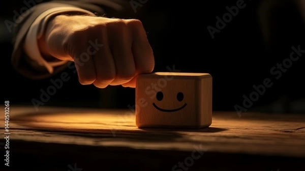 Obraz A man's hand moving a wooden block with a smiling face away from a sad face, representing the pursuit of positive emotions in business leadership on a dark backdrop