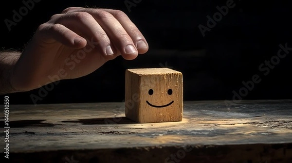 Obraz A man's hand moving a wooden block with a smiling face away from a sad face, representing the goal of fostering positive emotions in the workplace on a dark backdrop