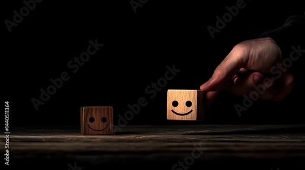 Obraz A man's hand shifting a wooden block with a smiling face away from a sad face, illustrating the importance of positive emotions in team dynamics on a dark backdrop