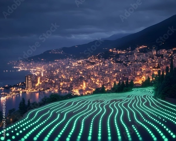 Fototapeta Night cityscape overlooking a coastline, illuminated by a winding path of glowing teal lights