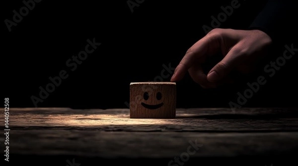 Fototapeta A man's hand sliding a wooden block with a happy face away from a sad face, symbolizing the transition from negative to positive emotions in a business setting on a dark backdrop