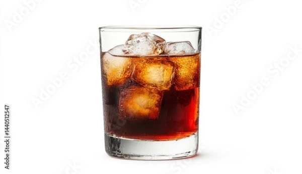 Fototapeta Dark Brown Cola with Ice in Rocks Glass on White Background
