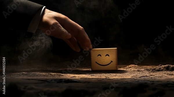 Fototapeta A man's hand sliding a wooden block with a happy face away from a sad face, symbolizing the transition from negative to positive emotions in a business setting on a dark backdrop