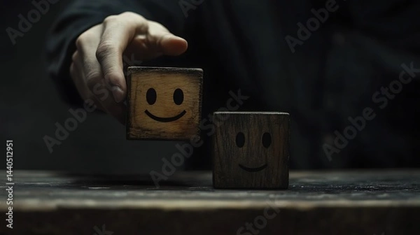 Obraz A man's hand sliding a wooden block featuring a happy face next to a sad face, symbolizing the emotional balance required in business decision-making on a dark backdrop
