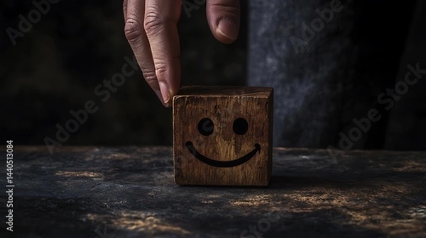 Obraz A man's hand sliding a wooden block featuring a happy face next to a sad face, symbolizing the emotional balance required in business negotiations on a dark backdrop