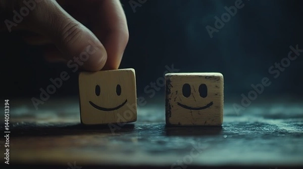 Obraz A man's hand sliding a wooden block with a smiling face next to a sad face, symbolizing the emotional dynamics in team management on a dark backdrop