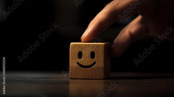 Obraz A man's hand sliding a wooden block featuring a happy face next to a sad face, symbolizing the emotional balance required in business decision-making on a dark backdrop