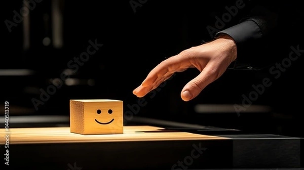 Fototapeta A man's hand touching a wooden block with a smiling face next to a sad face, symbolizing the emotional balance required in client interactions on a dark backdrop