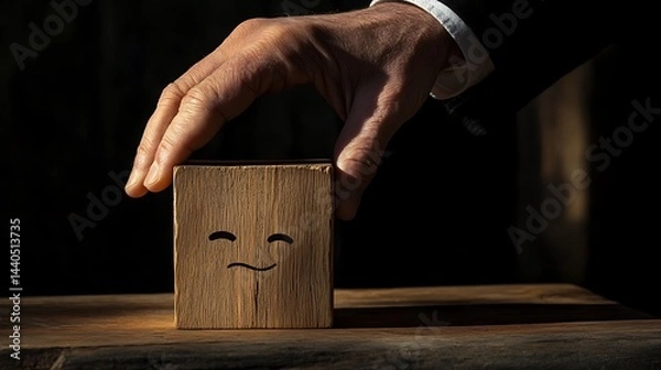 Obraz A man's hand touching a wooden block with a smiling face next to a sad face, symbolizing the emotional balance required in client interactions on a dark backdrop