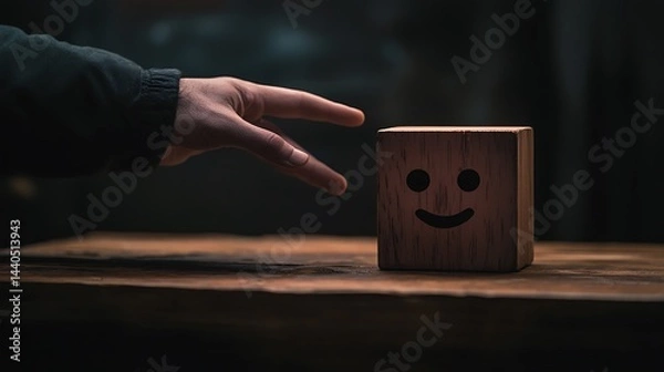 Obraz A man's hand touching a wooden block with a smiling face next to a sad face, symbolizing the emotional balance required in client interactions on a dark backdrop