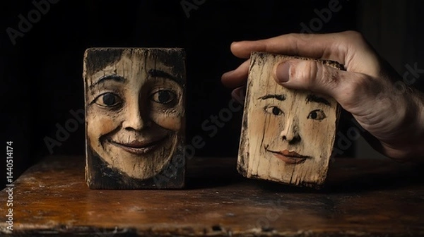 Fototapeta A man's hand touching a wooden block with a smiling face next to a sad face, symbolizing the emotional dynamics in client relationships on a dark backdrop