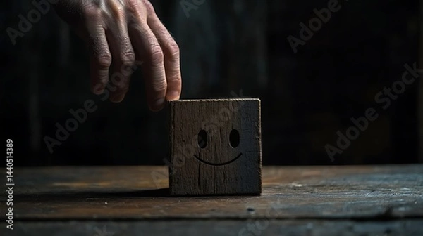 Obraz A man's hand touching a wooden block with a smiling face next to a sad face, symbolizing the emotional balance required in client interactions on a dark backdrop