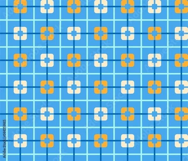 Fototapeta Geometric blue background with orange squares, seamless, color. Orange squares and a thin blue line on a blue field. Vector illustration. Abstract, geometric pattern.    
