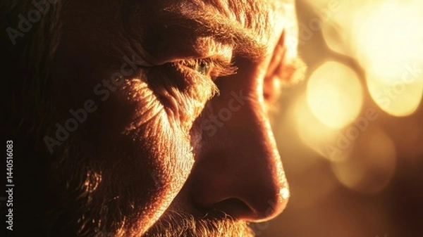 Fototapeta Close-up portrait of an elderly man in golden light