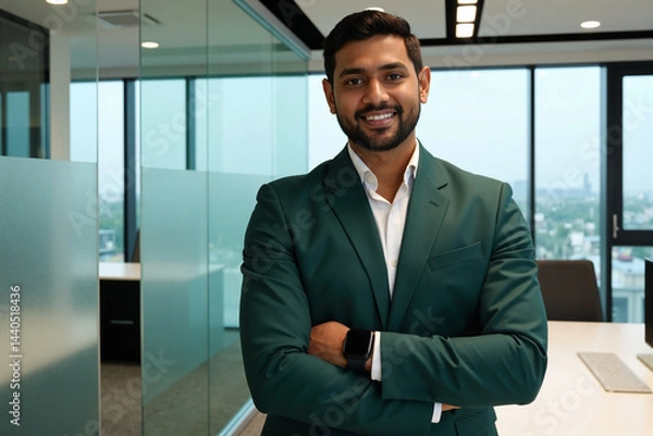 Fototapeta Confident, approachable South Asian businessman with beard, wearing a green blazer, standing with arms crossed and smiling warmly in a modern open office space. Successful leader or manager concept