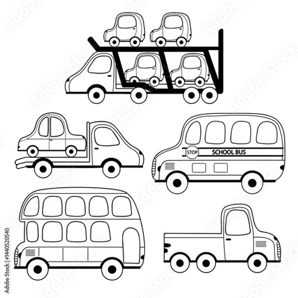 Fototapeta outline set of isolated buses and trucks