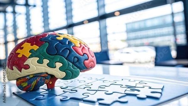 Obraz Engaging Learning Experience with Colorful Brain-Shaped Puzzle Representing Human Resource Development in a Modern Office Environment