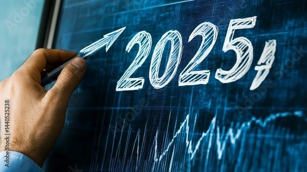 Obraz A professional engaging with a digital screen showing a growth arrow graph and "2025," representing the drive for innovation and business success
