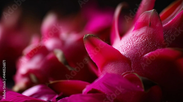 Fototapeta Close-up view of dragon fruit, also known as pitaya, with vivid pink petals adding to its striking appearance