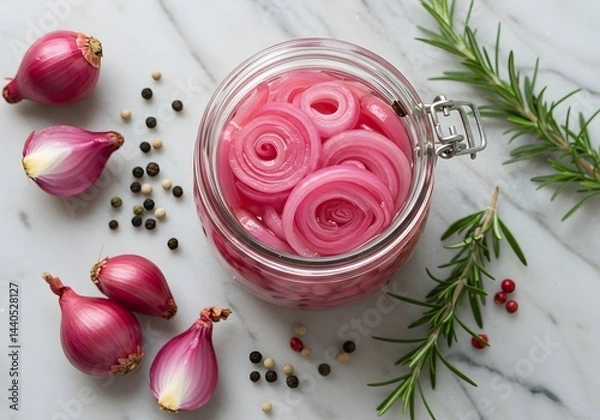 Fototapeta Pickled red onion rings in a jar with shallots and rosemary