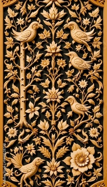 Obraz Intricate Wood Carving  Birds  Flowers  and Vines  Ornate Panel Design