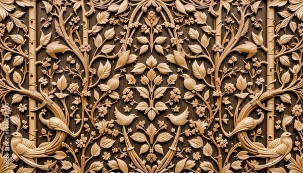 Obraz Intricate Wooden Carving  Birds  Flowers    Branches
