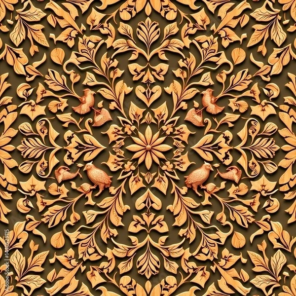 Obraz Intricate Wooden Carving  Birds   Floral Damask Pattern  Ornate Design   Golden Texture