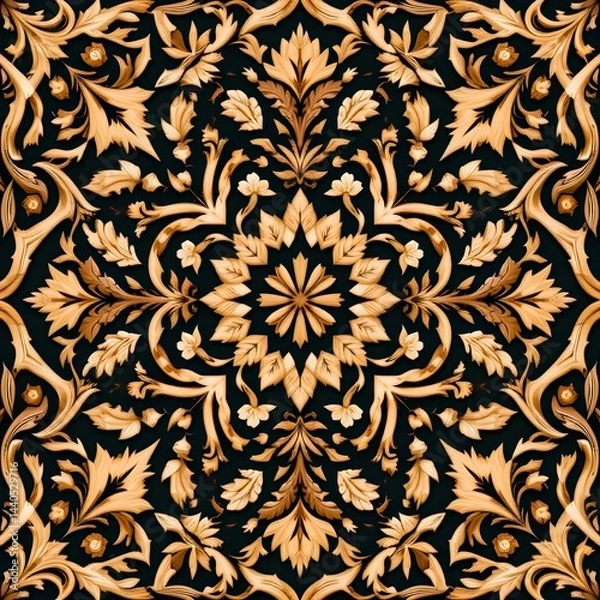 Obraz Intricate Wooden Carving  Ornate Floral Pattern  Symmetrical Design  Craftsmanship  Gold 