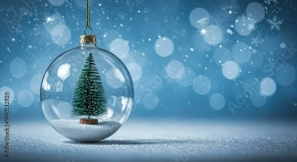 Fototapeta Christmas tree inside a glass ornament with snow on blue bokeh background
