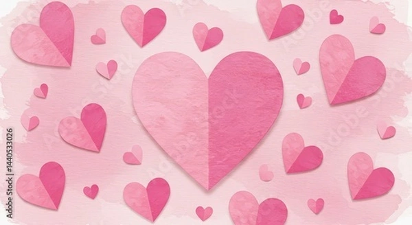 Fototapeta Watercolor hearts pattern in shades of pink, for background use, with copy space