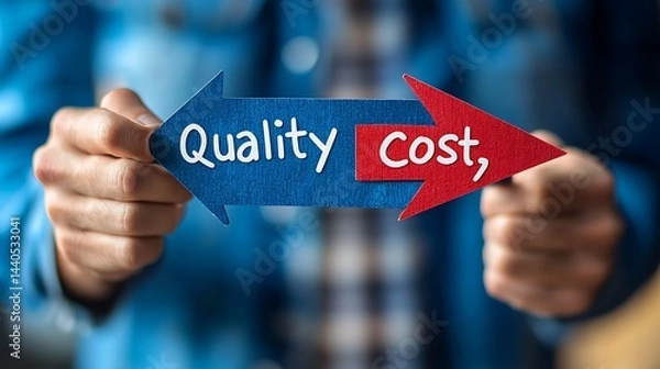 Obraz A professional holding an arrow pointing in two directions with "Quality" and "Cost," illustrating the trade-offs in business decisions