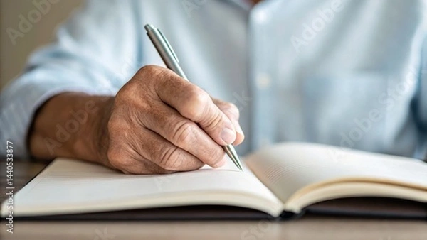 Fototapeta A person is writing in a notebook with a pen, showcasing a focus on creativity and expression.