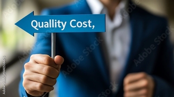 Obraz A professional holding an arrow pointing in two directions with "Quality" and "Cost," illustrating the trade-offs in business decisions
