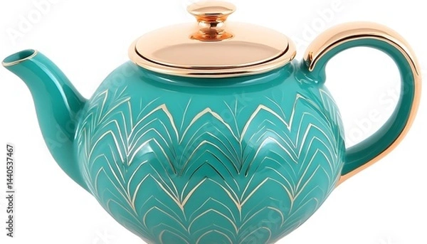 Obraz Teal teapot with copper lid, adorned with gold art deco-style feather pattern