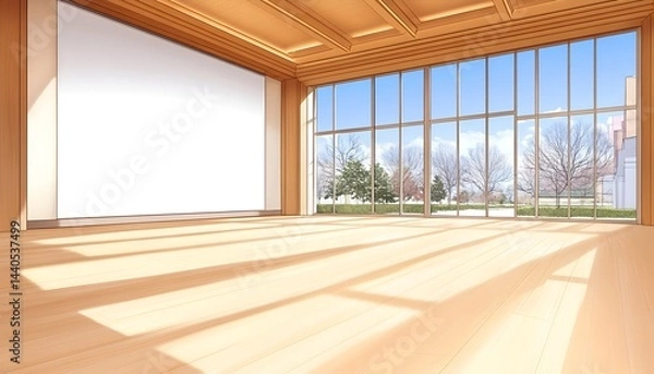 Obraz Sunlit spacious room with large windows, wooden walls and floors, and a blank wall