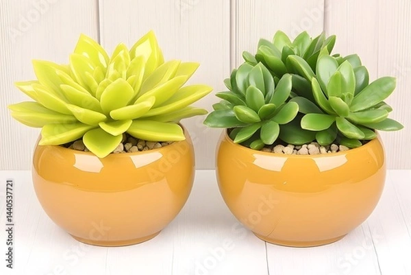 Obraz Two succulents in mustard-yellow pots, one lime green, one darker green, sit on a white surface against a wood backdrop