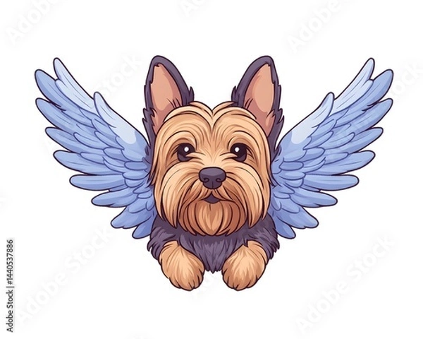 Obraz A charming Yorkshire Terrier with light-blue angel wings, depicted in a stylized, cartoonish manner