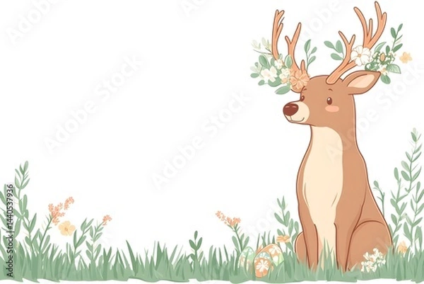Obraz A fawn sits amidst spring blooms and pastel eggs, its antlers adorned with delicate flowers